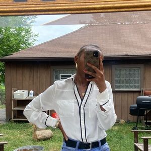 White Button Down Blouse with Black Trim